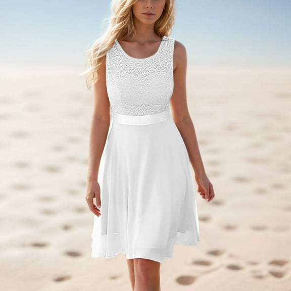 Summer Women's Flowy Waisted Lace Dress Casual Sleeveless Solid Color Boho Elegant Comfortable Lightweight Breathable Fashionable Trendy Party Beach