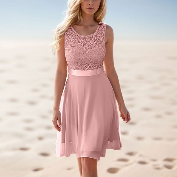 Summer Women's Flowy Waisted Lace Dress Casual Sleeveless Solid Color Boho Elegant Comfortable Lightweight Breathable Fashionable Trendy Party Beach