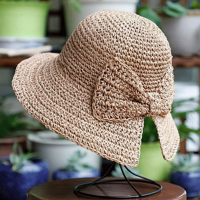 Summer Women's Foldable Large Brim Straw Sun Hat Elegant Vacation Travel  Hat,Khaki