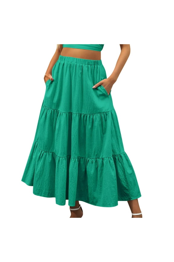 Summer Women's High Waist Boho Floral Print Pleated Maxi Skirt Casual Flowy Swing A Line Beach Long Skirts Pockets