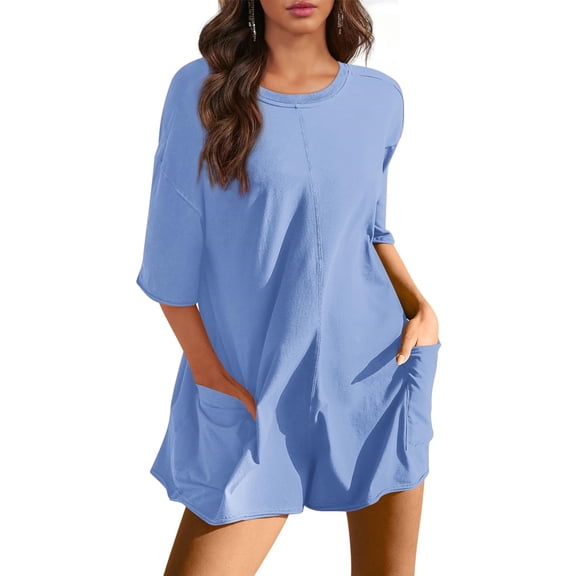 Summer Women's Jumpsuit Sports Oversized Jumpsuit Short Sleeve Jumpsuit with Pockets