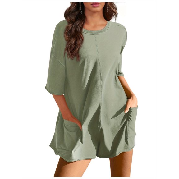 Summer Women's Jumpsuit Sports Oversized Jumpsuit Short Sleeve Jumpsuit with Pockets
