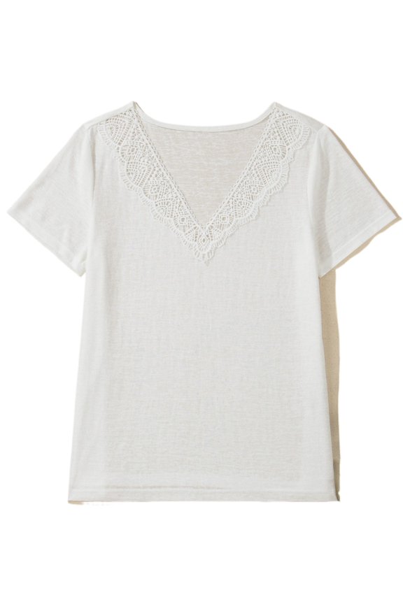 Summer Women's Lace Trim V-Neck Tee – Lightweight Short Sleeve Shift Shirt in White, L