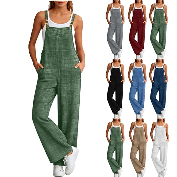 Summer Women's Linen Jumpsuit with Pockets - Solid Color Sleeveless Tank Top with Adjustable Button Straps Relaxed Straight-Leg Work Pants Size S-2XL