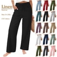 thumbnail image 1 of Summer Women's Linen Pants Casual Solid Color Drawstring Elastic Waist Loose Straight-Leg Pants with Side Pockets S-2XL, 1 of 9