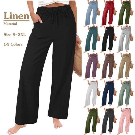 Summer Women's Linen Pants Casual Solid Color Drawstring Elastic Waist Loose Straight-Leg Pants with Side Pockets S-2XL