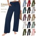 thumbnail image 1 of Summer Women's Linen Pants Casual Solid Color Drawstring Elastic Waist Loose Straight-Leg Pants with Side Pockets S-2XL, 1 of 9