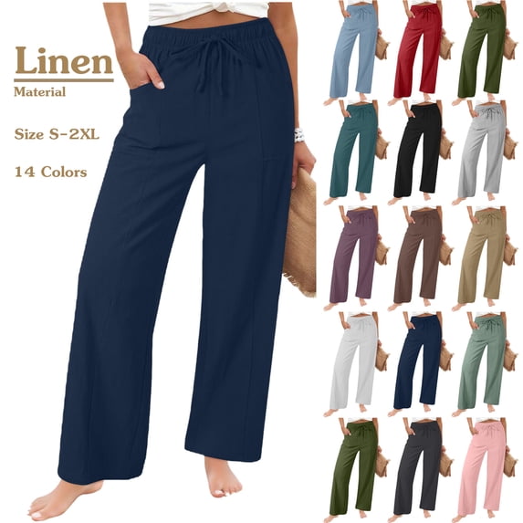 Summer Women's Linen Pants Casual Solid Color Drawstring Elastic Waist Loose Straight-Leg Pants with Side Pockets S-2XL