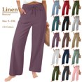 thumbnail image 1 of Summer Women's Linen Pants Casual Solid Color Drawstring Elastic Waist Loose Straight-Leg Pants with Side Pockets S-2XL, 1 of 9