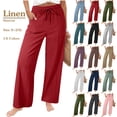 thumbnail image 1 of Summer Women's Linen Pants Casual Solid Color Drawstring Elastic Waist Loose Straight-Leg Pants with Side Pockets S-2XL, 1 of 10