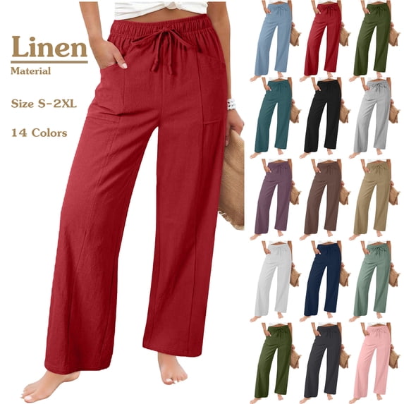 Summer Women's Linen Pants Casual Solid Color Drawstring Elastic Waist Loose Straight-Leg Pants with Side Pockets S-2XL