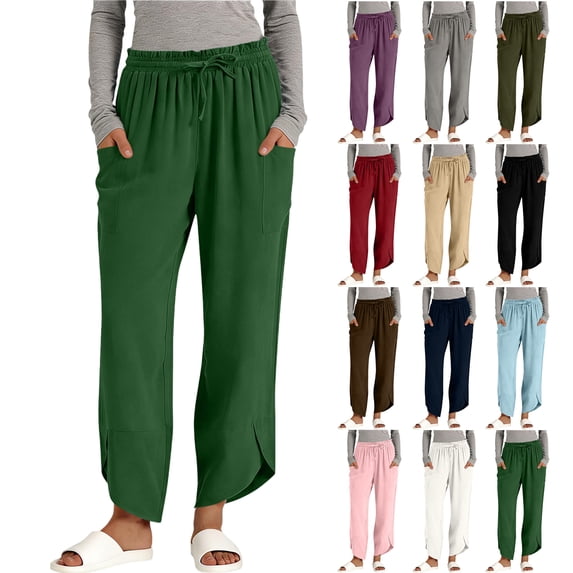 Summer Women's Linen Pants Casual Solid Color Pants Pocket Elastic Waist Drawstring Comfortable And Trendy Women Straight-Leg Pants S-2XL
