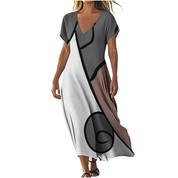 Summer Women's Long Dress V-Neck Short Sleeved Printed Tshirt Sundress L