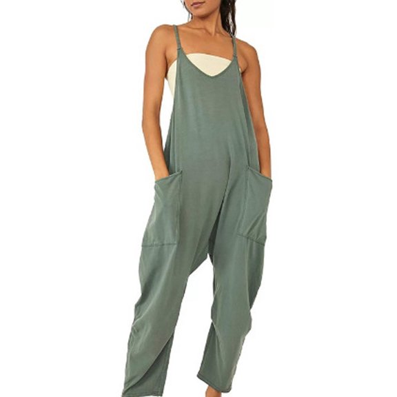 Summer Women's Loose Sleeveless Jumpsuits Spaghetti Strap Long Pant Romper Jumpsuit With Pockets Zipper