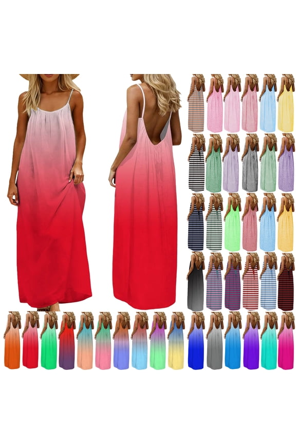 Summer Women's Maxi Dress Sleeveless Backless Cami Dresses Spaghetti Strap Flowy Long Sundress Withback Long Flowy Beach Boho Dresses