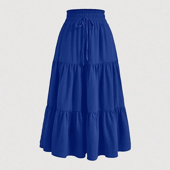 Summer Women's Midi Skirts Boho High Elastic Waist Fake Drawstring Print A line Casual Cute Skirt