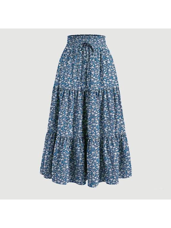 Summer Women's Midi Skirts Boho High Elastic Waist Fake Drawstring Print A line Casual Cute Skirt