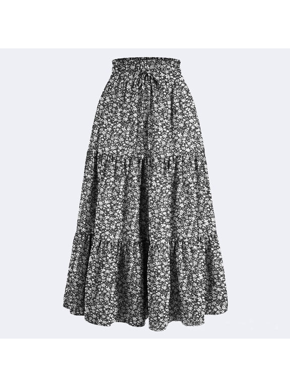 Summer Women's Midi Skirts Boho High Elastic Waist Fake Drawstring Print A line Casual Cute Skirt