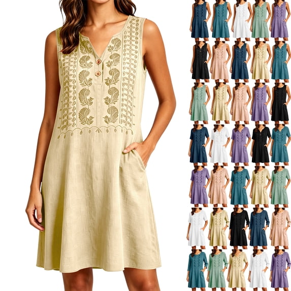 Summer Women's Mini Dresses Casual Embroidered Fashion Loose-fitting Comfortable Sleeveless Short Dress With Button V Neck Tank Dress Fashion Outfit With Pockets