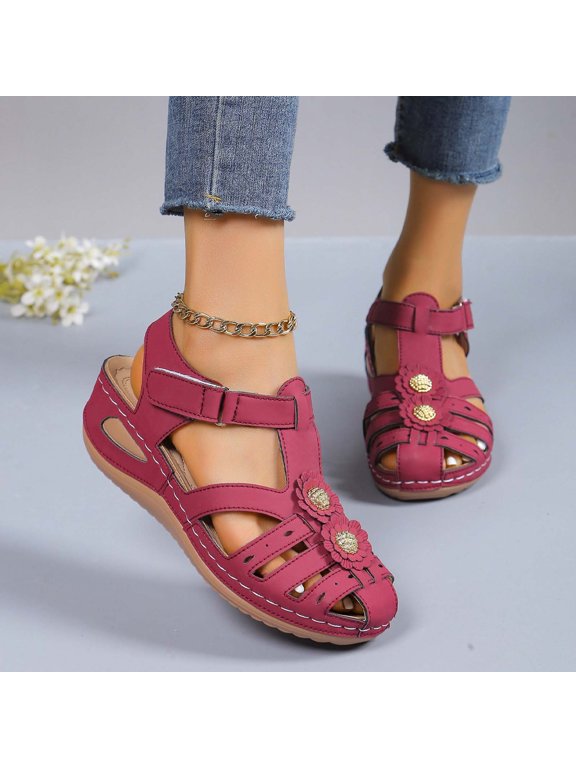 Summer Women's New Large Size Flower Rhinestone Bowhead Hollowed-out Paste Buckle Casual Beach Sandals Summer Sandals for Women Red 38