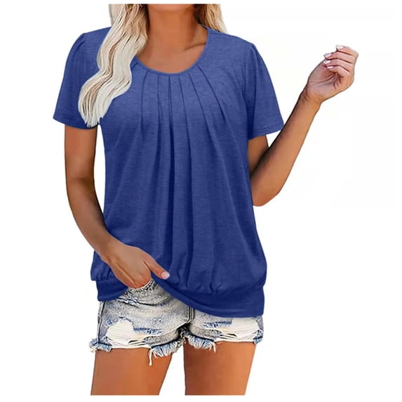 Summer Women's New Round Neck Solid Color Pleated Short Sleeve Casual T-Shirt - Blue - L