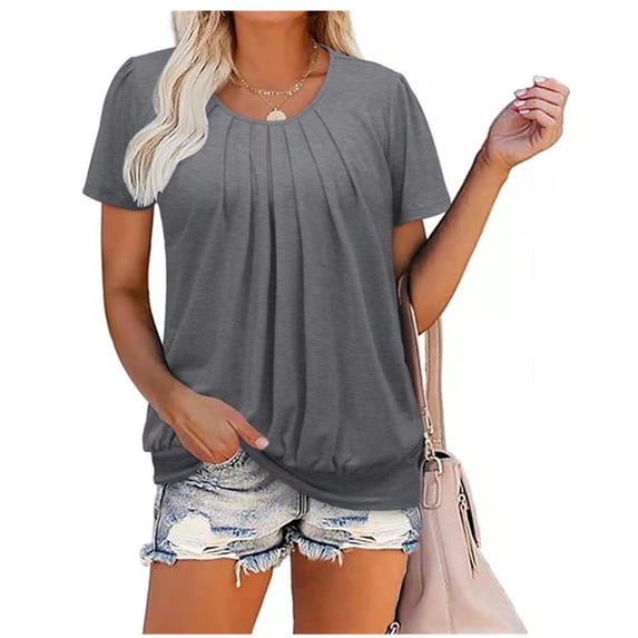 Summer Women's New Round Neck Solid Color Pleated Short Sleeve Casual T-Shirt - Gray - L