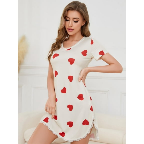 ebukurty Nightgown for Women V Neck Short Sleeve Soft Heart Pattern Pajamas Yellow, Sizes M-XL