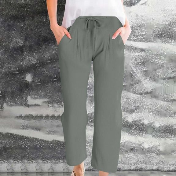 Summer Women's Pants Under $8 Pants Cotton and Linen Casual Solid Color Drawstring Elastic Waist Long Straigh Pants With Pockets