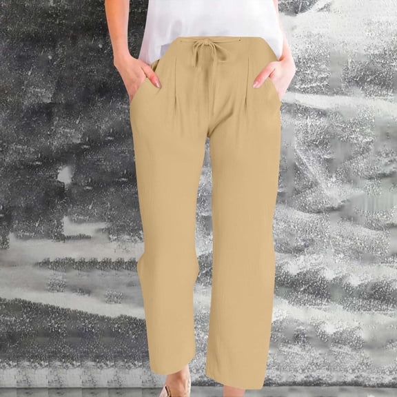 Summer Women's Pants Under $8 Pants Cotton and Linen Casual Solid Color Drawstring Elastic Waist Long Straigh Pants With Pockets