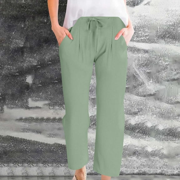 Summer Women's Pants Under $8 Pants Cotton and Linen Casual Solid Color Drawstring Elastic Waist Long Straigh Pants With Pockets
