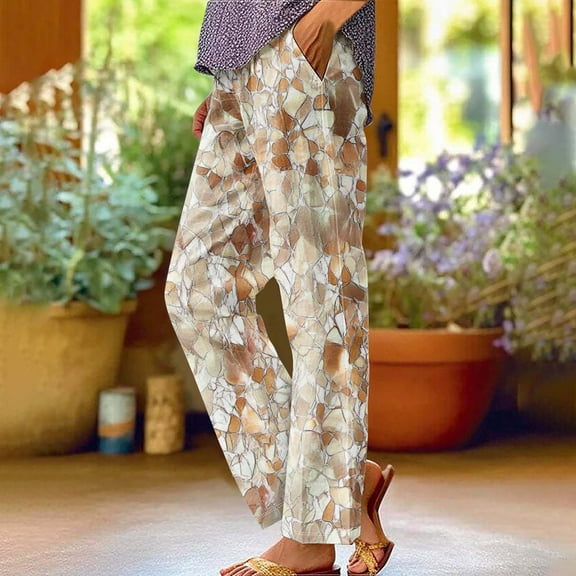 Summer Women’s Pants Plus Size Printed Elastic Waist Straight Leg Cuffed Ankle-Length Pants Women Fashion Casual Loose Lounge Slacks With Pocket L-4XL