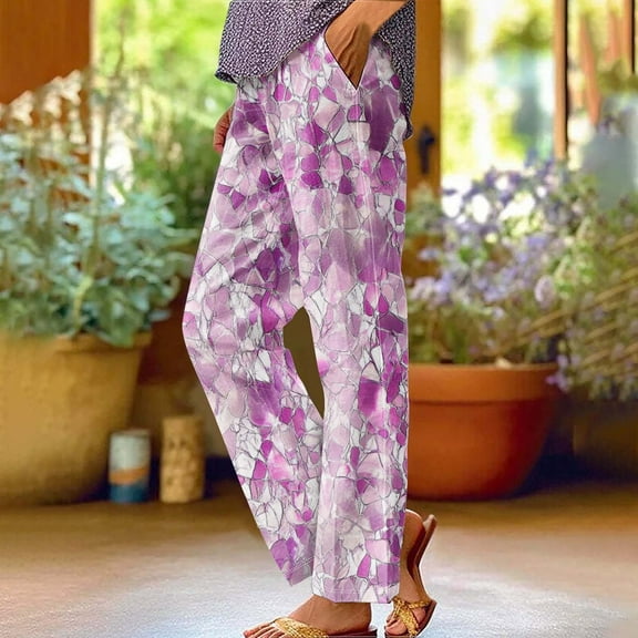 Summer Women’s Pants Plus Size Printed Elastic Waist Straight Leg Cuffed Ankle-Length Pants Women Fashion Casual Loose Lounge Slacks With Pocket L-4XL