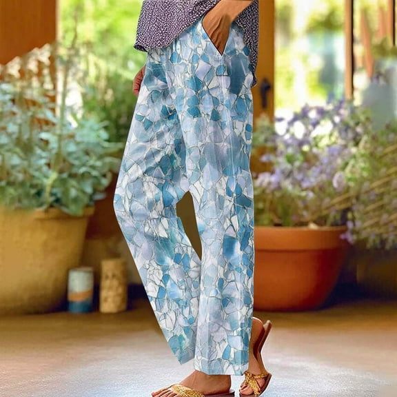 Summer Women’s Pants Plus Size Printed Elastic Waist Straight Leg Cuffed Ankle-Length Pants Women Fashion Casual Loose Lounge Slacks With Pocket L-4XL