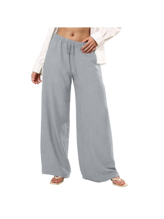 Summer Women’s Pants Plus Size Solid Color Drawstring Elastic Straight Wide Leg Full Pants Culottes Women Fashion Casual Loose Lounge Sport Pants With Side Pocket S-XXL