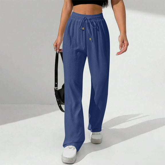 Summer Women’s Pants Plus Size Solid Color Elastic Waist Straight Leg Full Pants Women Fashion Casual Loose Lounge Slacks Sport Sweatpants With Pocket S-2XL