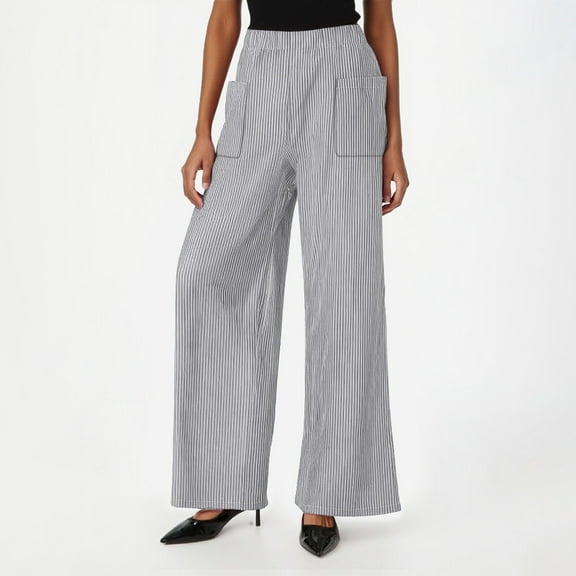 Summer Women’s Pants Plus Size Striped Elastic Hign Waist Striaght Leg Full Pants Women Fashion Casual Loose Lounge Leisure pants With Pocket S-2XL