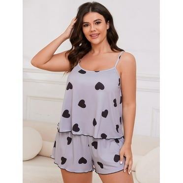 Summer Women's Plus Size Sling Pajama Set U-neck Sleeveless Tee and Shorts 2 Piece Oversize Soft Heart Pattern Sleepwear PJ Set