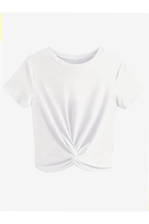 Summer Women's Round Neck Twist Front Crop Top Short Sleeve Casual Blouse