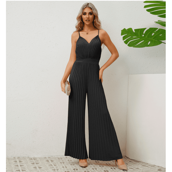 Summer Women's Sexy V-Neck Halter High Wide Leg Jumpsuit Sleeveless Spaghetti Straps High Waist Loose Long Romper Pants
