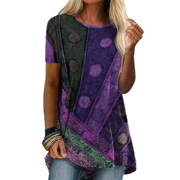 Summer Women's Short Sleeve T Shirt Plus Size Crew Neck Tops Casual Vintage Print High Low Hem Tunic Loose Blouse