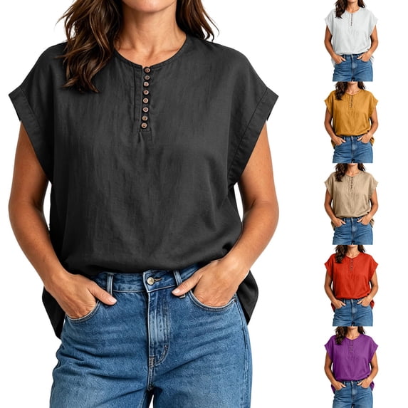Summer Women's Short Sleeve Tops Cotton Linen Blouse Loose Casual Pullover Top Button Down Shirts