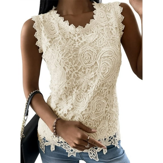 Summer Women's Sleeveless Lace Tank Tops Crew Neck Casual Elegant Lace Camisole Tops