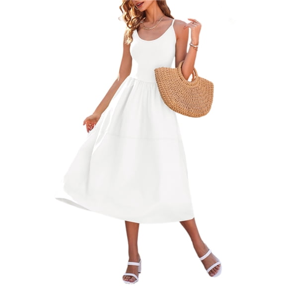 Summer Women's Spaghetti Strap Dress Backless Casual A-Line Suspender Dress with Pockets