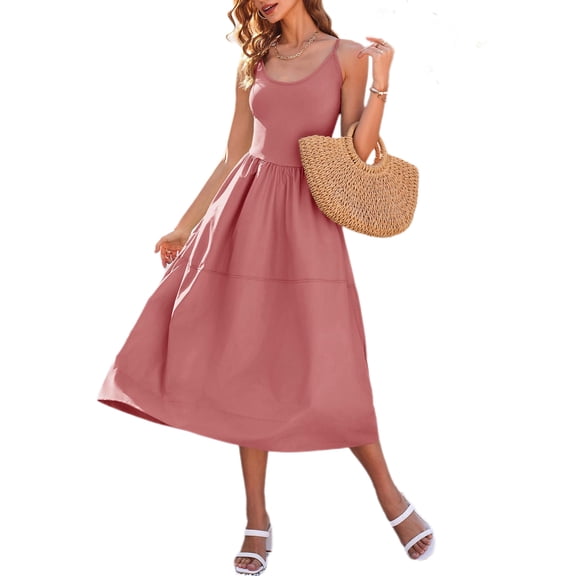 Summer Women's Spaghetti Strap Dress Backless Casual A-Line Suspender Dress with Pockets