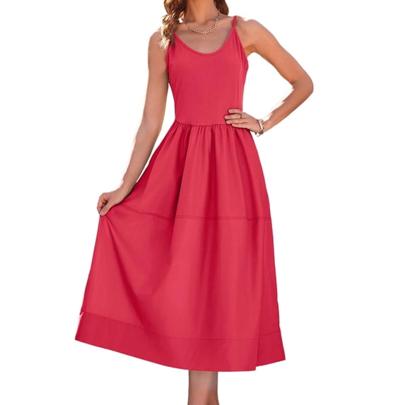 Summer Women's Spaghetti Strap Dress Backless Casual A-Line Suspender Dress with Pockets