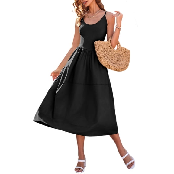 Summer Women's Spaghetti Strap Dress Backless Casual A-Line Suspender Dress with Pockets