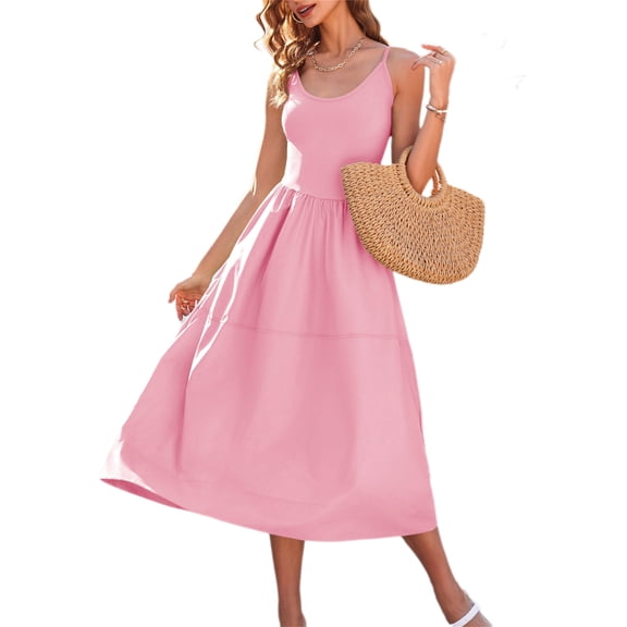 Summer Women's Spaghetti Strap Dress Backless Casual A-Line Suspender Dress with Pockets