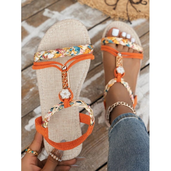 Summer Women‘s Style Woven Flat Sandals Lightweight Anti-Slip Beach Shoes Mixed Color & Pattern Braided Decoration