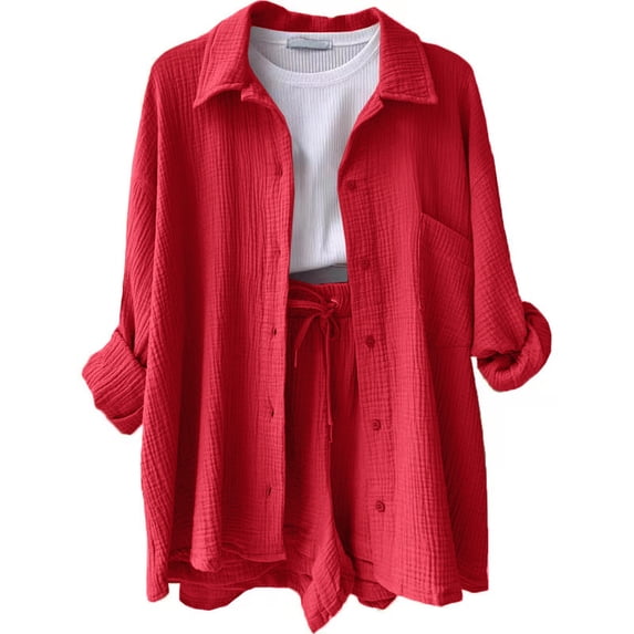 Summer Women's Suit Short Sets Outfits Muslin Suit For Women Two Piece Sets Female Clothing Solid Button Lapel Outfits