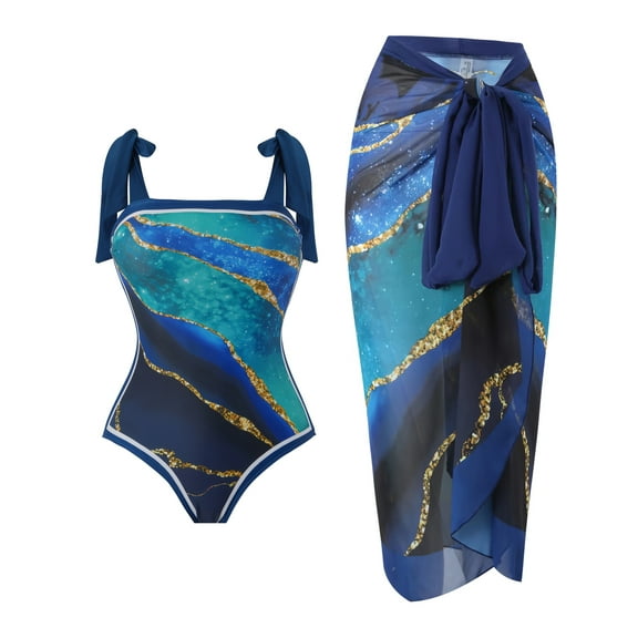 Summer Women's Swimsuit with Cover Up Skirts Retro Printed Tummy Control Bathing Suit One Piece Tropical Beachwear Blue L